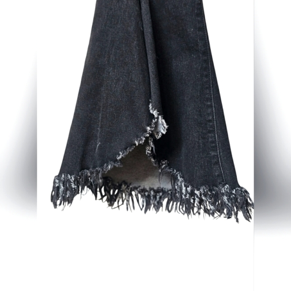 Peach Love California Distressed Black Fringe Gray Denim Flare Stretchy Jeans L - Picture 6 of 13
